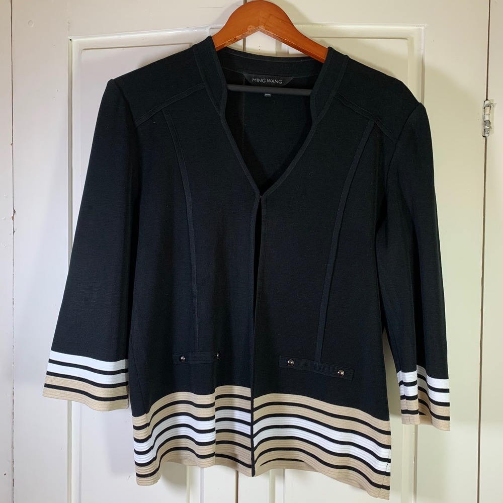 Ming Wang Black Knit Jacketโ Medium 3/4 Sleeve Striped Hem Metal Buttons Classic